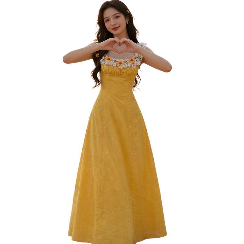 French Pastoral Yellow Lace Splicing Three-dimensional Flower Suspender Dress Women's High-end A-word Long Dress Wholesale