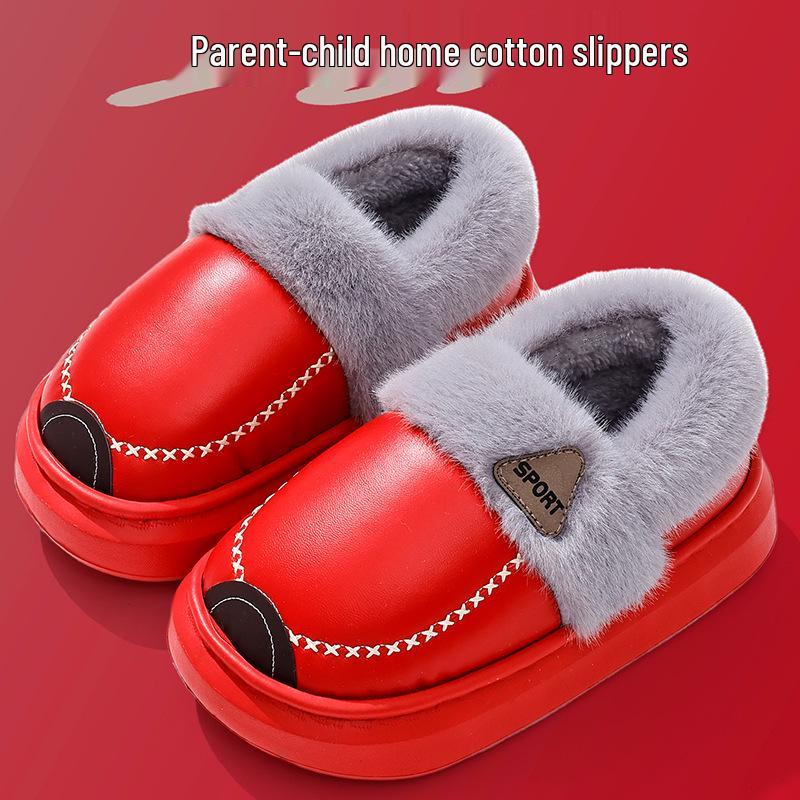 Warme rutschfeste Baumwoll-Hausschuhe für Kinder und Erwachsene mit PU-Leder, weicher Sohle und Plüschfutter für Zuhause.
