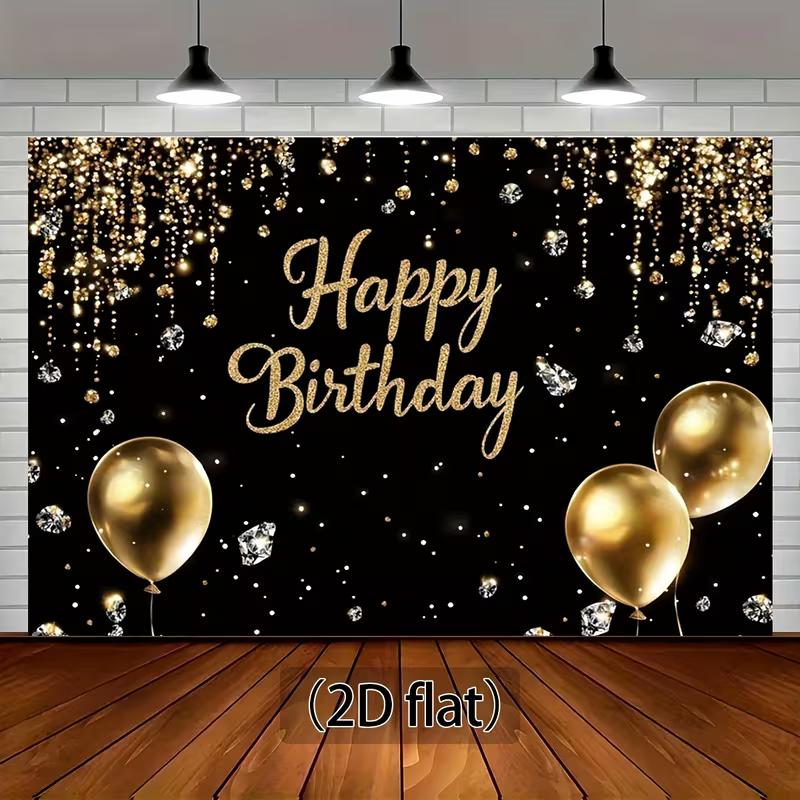 2D Happy Birthday Photo Backdrop Banner Black Gold Glitter Curtain Diamond Party Background Cloth