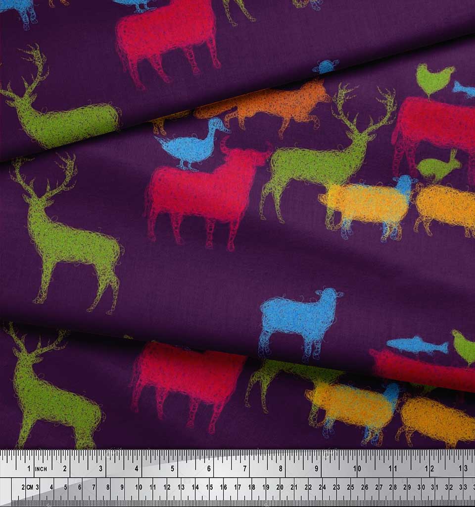 Soimoi Japan Crepe Satin Fabric Birds & Animals Hand Drawn Print Fabric by Metre 42 Inch