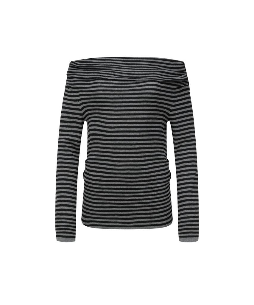 Ledeoli Two-Way Off-Shoulder Striped Knit Top [Charcoal]