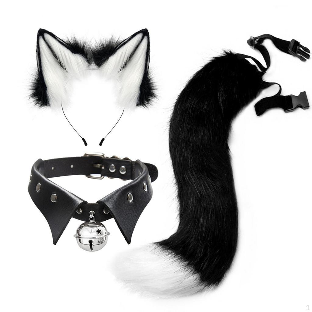 Faux-Faux-Fleece Cat Ears Headband and Tail Bell Collar Set Soft