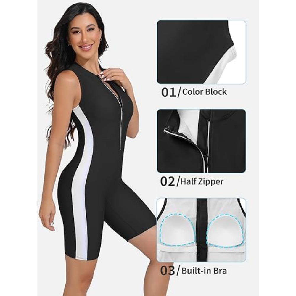 CHARMLEAKS Women Boyleg One Piece Swimsuits Athletic Bathing Suits Color Block Zip Up Swimwear