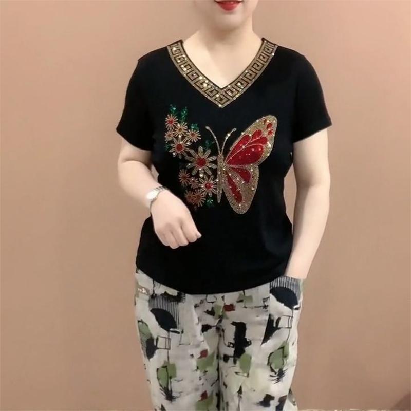 Sommer Lässige Mode Diamanten Kurzarm T-Shirt Damen Schlank All-Match Pullover Tee Damen Harajuku Y2K Street Wear V-Ausschnitt Top