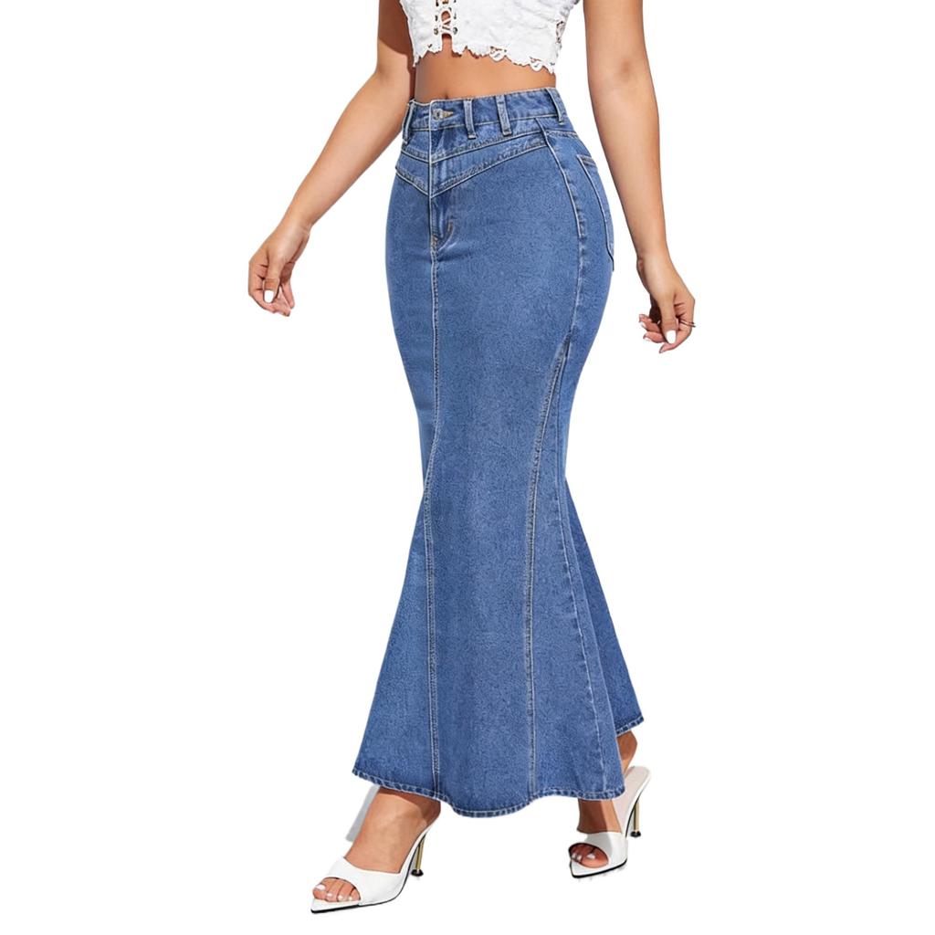 Denim Jean Skirt for Women Casual Washed High Waisted Fishtail Maxi Jean Skirts Women's A-Line Bodycon Long Jean Skirts