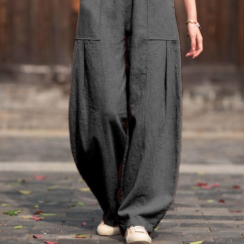 Pantaloni a Lanterna da Donna Retro a Vita Alta in Cotone e Lino - Taglie Forti, Colore Unito, Snellenti, Lunghi, Casual per Primavera/Estate