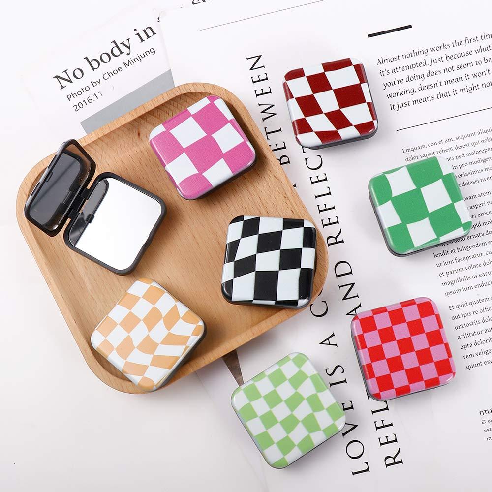 Finger Grip Women Girls Personalized Plaid Mirror Cosmetic Mirror Phone Stand Holder Makeup Mirror