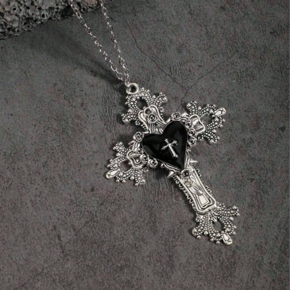 Gotische Persoonlijkheid Zwart Druipglazuur Hartvormige Rozenbloem Kruis Hanger Ketting voor Mannen Vrouwen Halloween Feest Y2K Sieraden