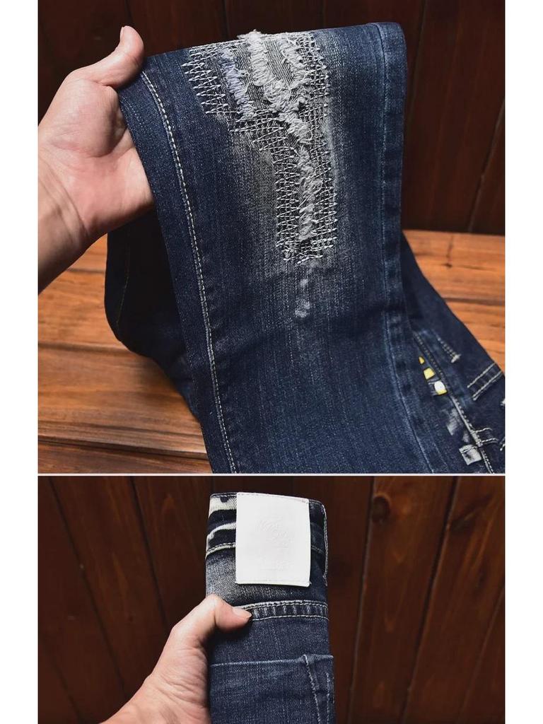Men's Slim-Fit Embroidered Floral Distressed Jeans with Patches and Elastic Trim.