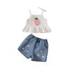 Girls' Strappy Top With 3D Strawberry Flowers & Embroidered Denim Shorts