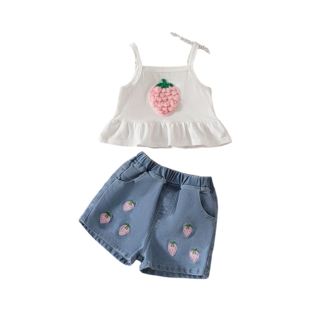Girls' Strappy Top With 3D Strawberry Flowers & Embroidered Denim Shorts