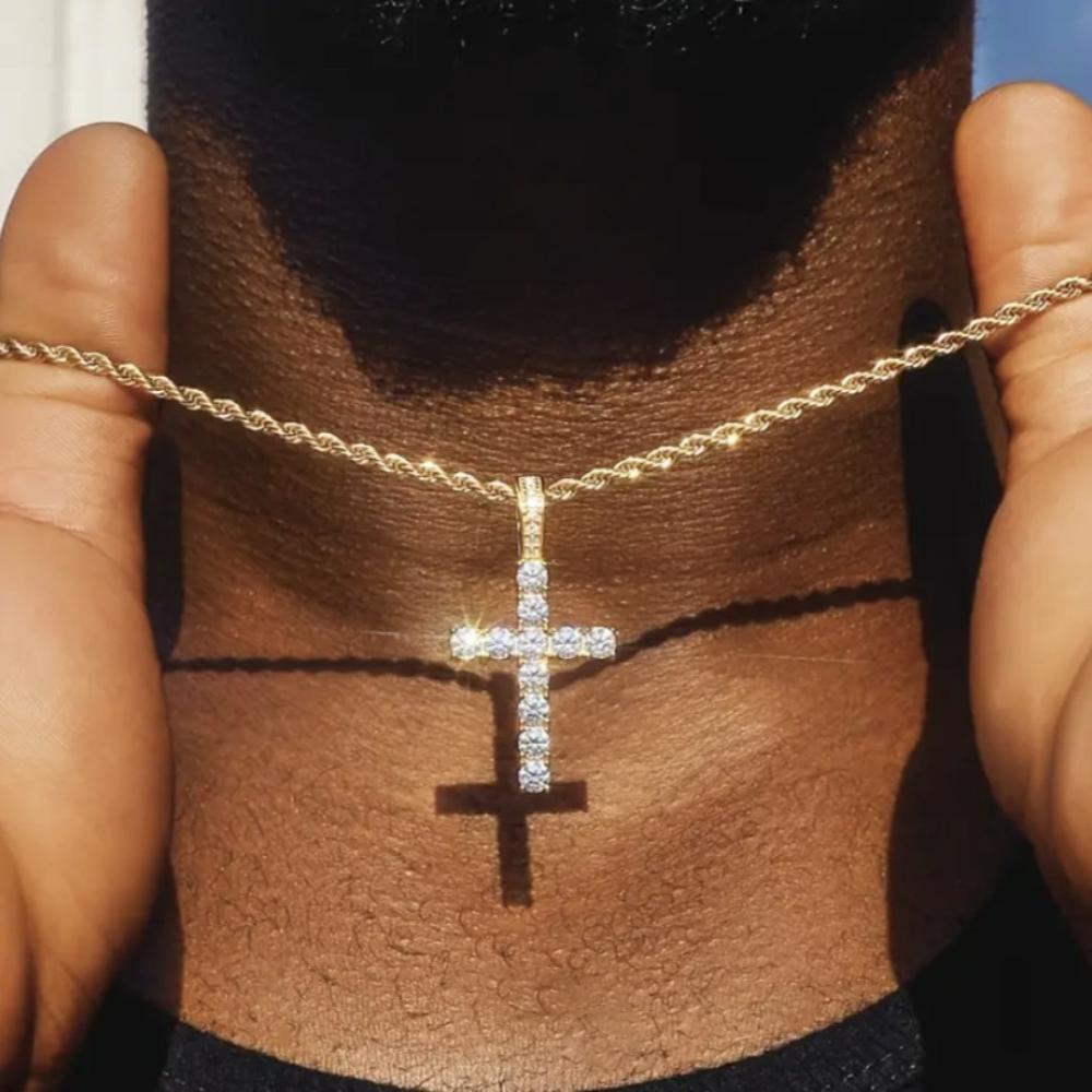 Personality Hip-hop Gold Color Shiny Full of Zircon Solid Cross Pendant Necklace for Women Men Punk Rock Jewelry Accessory Gifts