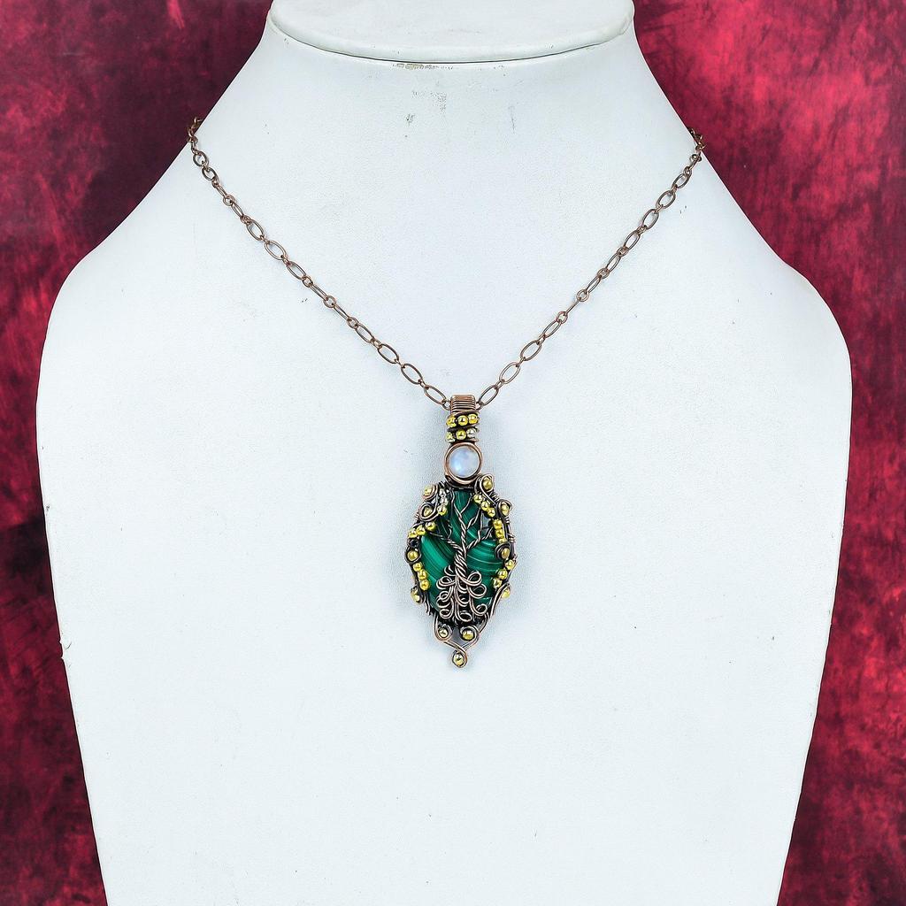 Tree of life malachite pendant copper wire wrapped pendant rainbow moonstone pendant gemstone copper jewelry handmade pendant gifts for wife