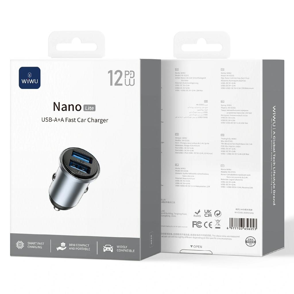WIWU Wi?CC031 Nano Lite 12W Aluminum Alloy Car Charger Dual USB QC3.0 Fast Charging Adapter
