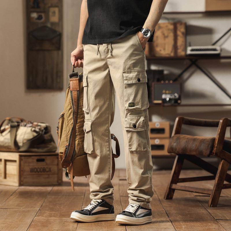 Men's Summer Men's Retro Overalls Washed Cotton Multi-bag Straight Solid Color Leggings Casual Pants