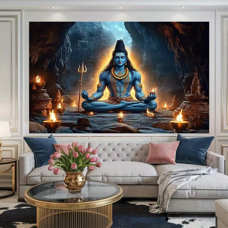 2D Flat Lord Shiva Cave Meditation Backdrop Hindu God Puja Photo Background