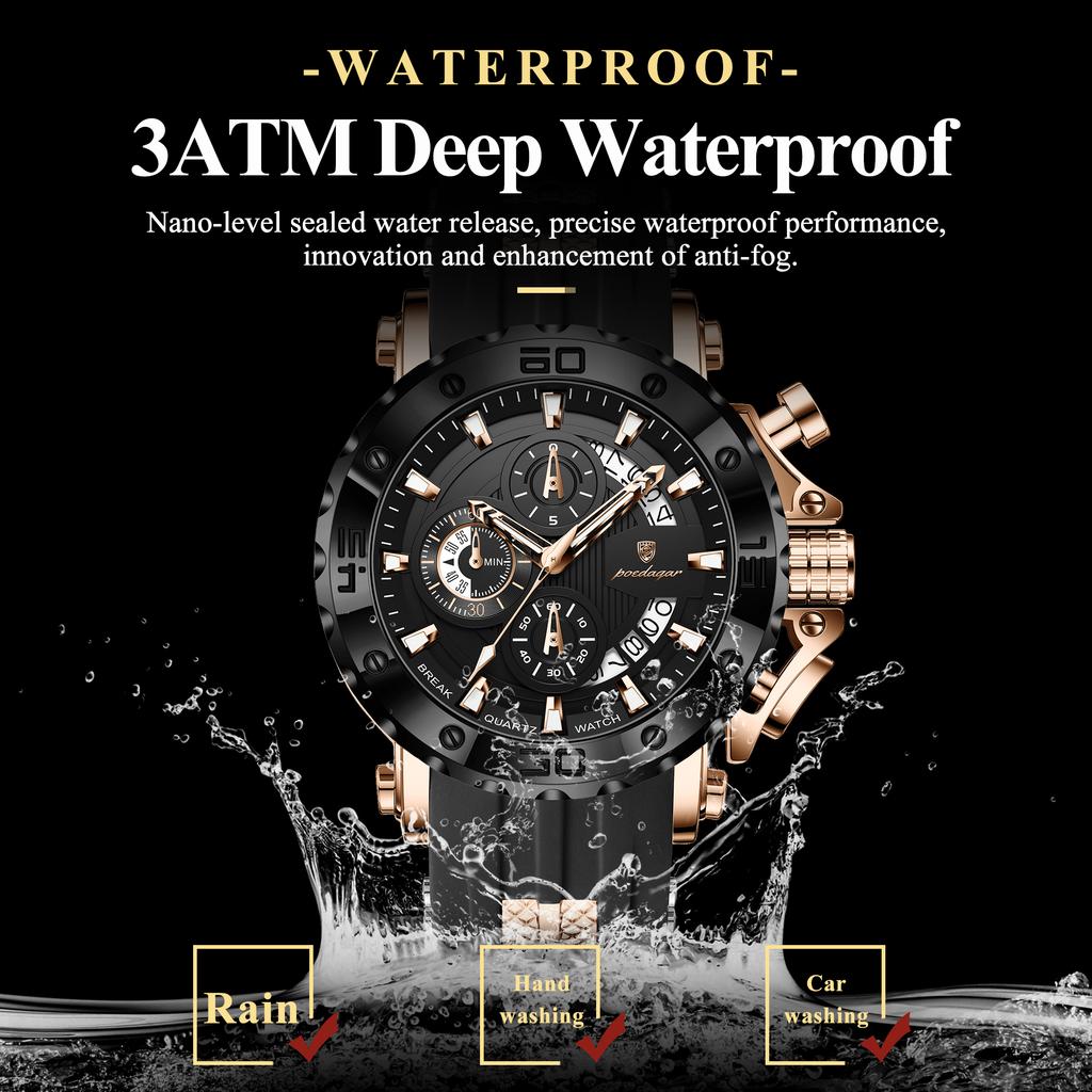 POEDAGAR Top Sport Man Watch Chronograph Waterproof Luminous Fashion Men Clock Date Silicone Strap Quartz Military Men's Watches