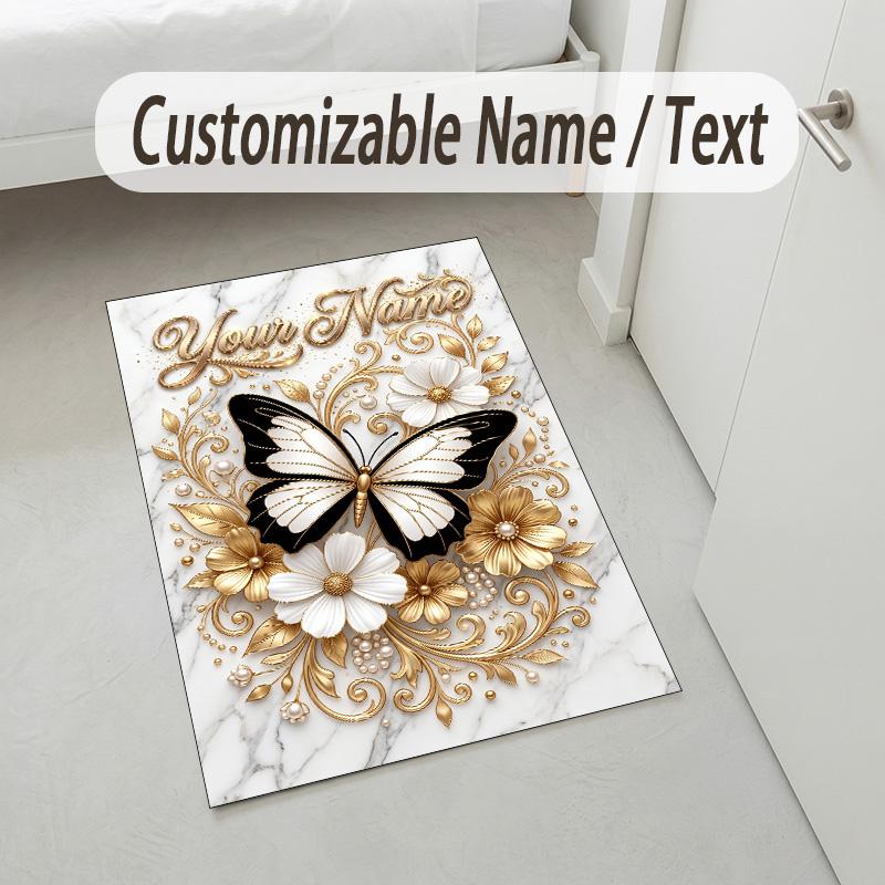 Butterfly Theme Crystal Velvet Rug Personalized Custom Name Text Soft Floor Mat Home Decor