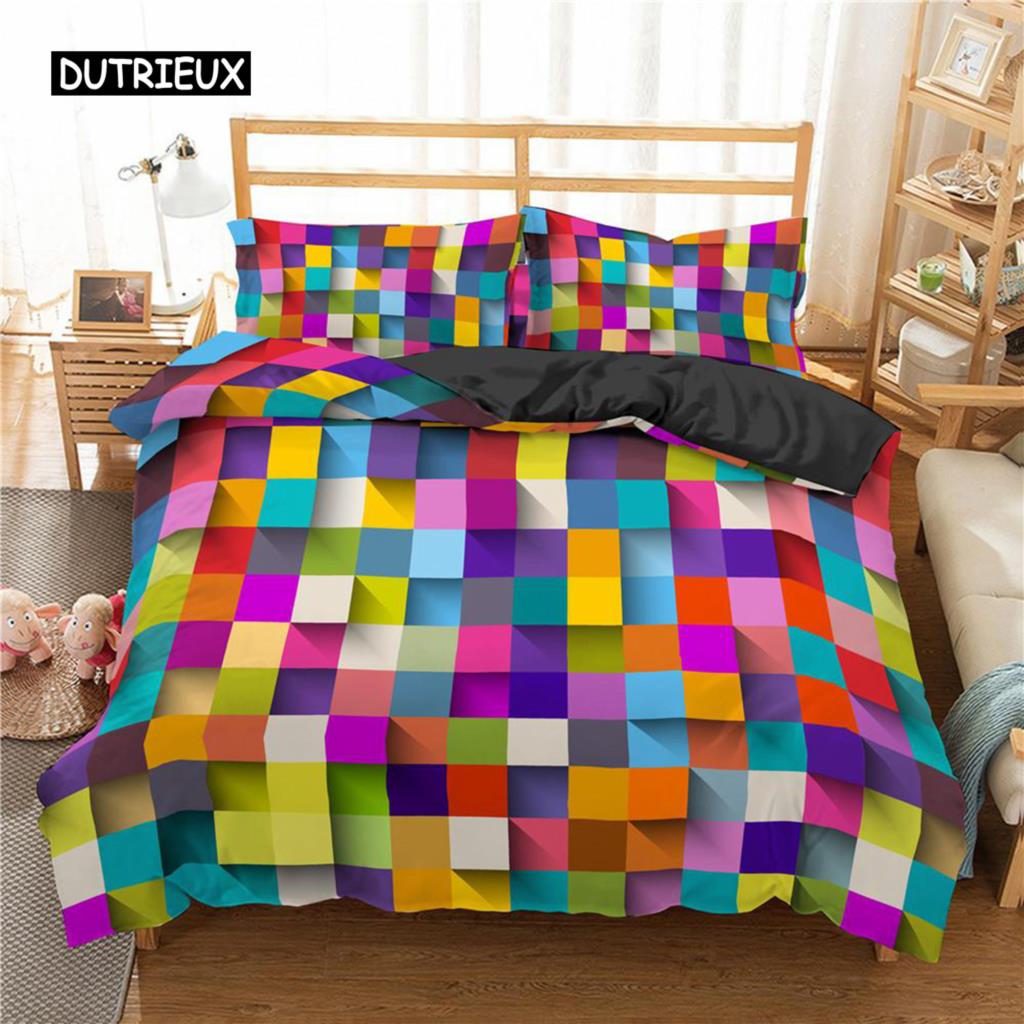 Toy Print Duvet Cover Set Square Gradient Blocks Bedding Set for Kids Teen Colorful Bricks Game Queen Microfiber Comforter Cover