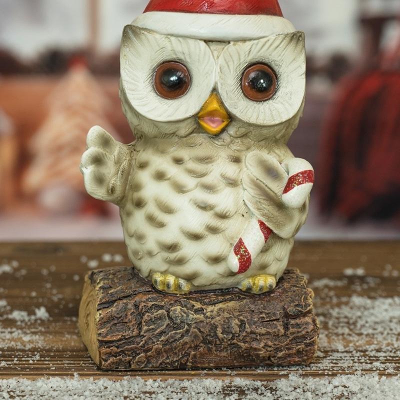 Owl Statue with LED Lighted Santa Hat for Festival Home Accent Resins Miniature Figurine Christmas Decorative Ornament