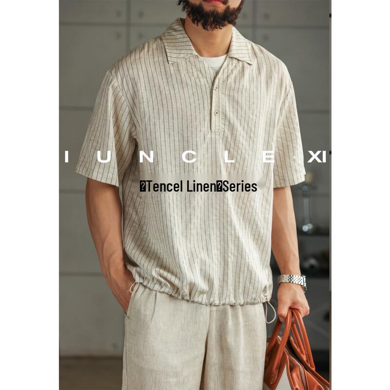 Men s Tencel Linen Blend Striped Short Sleeve Shirt M