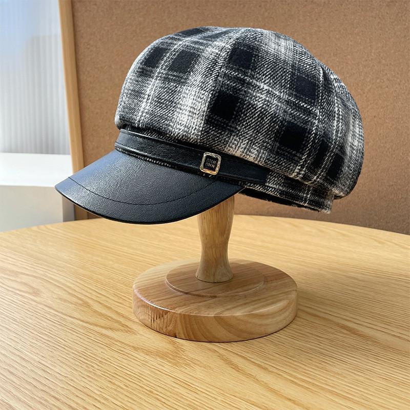 Octagonal Hat Women Autumn Winter Pu Leather Plaid Brim Casual Fashion Accessory For Travel