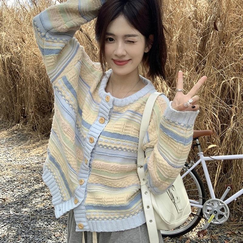 

Early Spring and Autumn New Korean Style Loose Striped Jacket Versatile Knitted Sweater Thin Cardigan Jacket Women Onesize синий