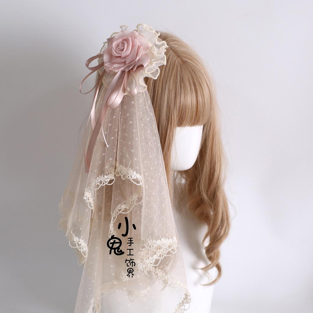 Original Handmade Lolita Hair Accessories Hairpin Flower Ball Bow Lace Champagne Headband Veil