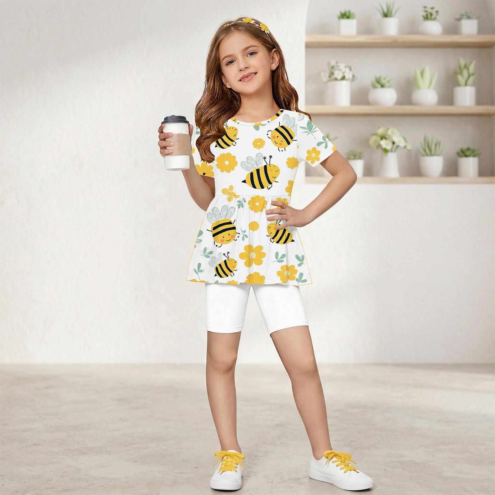 

Girls Summer Outfit Short Sleeve Ruffle Hem Top with Floral Print and Matching Shorts Lightweight Two Piece Set for Kids 150