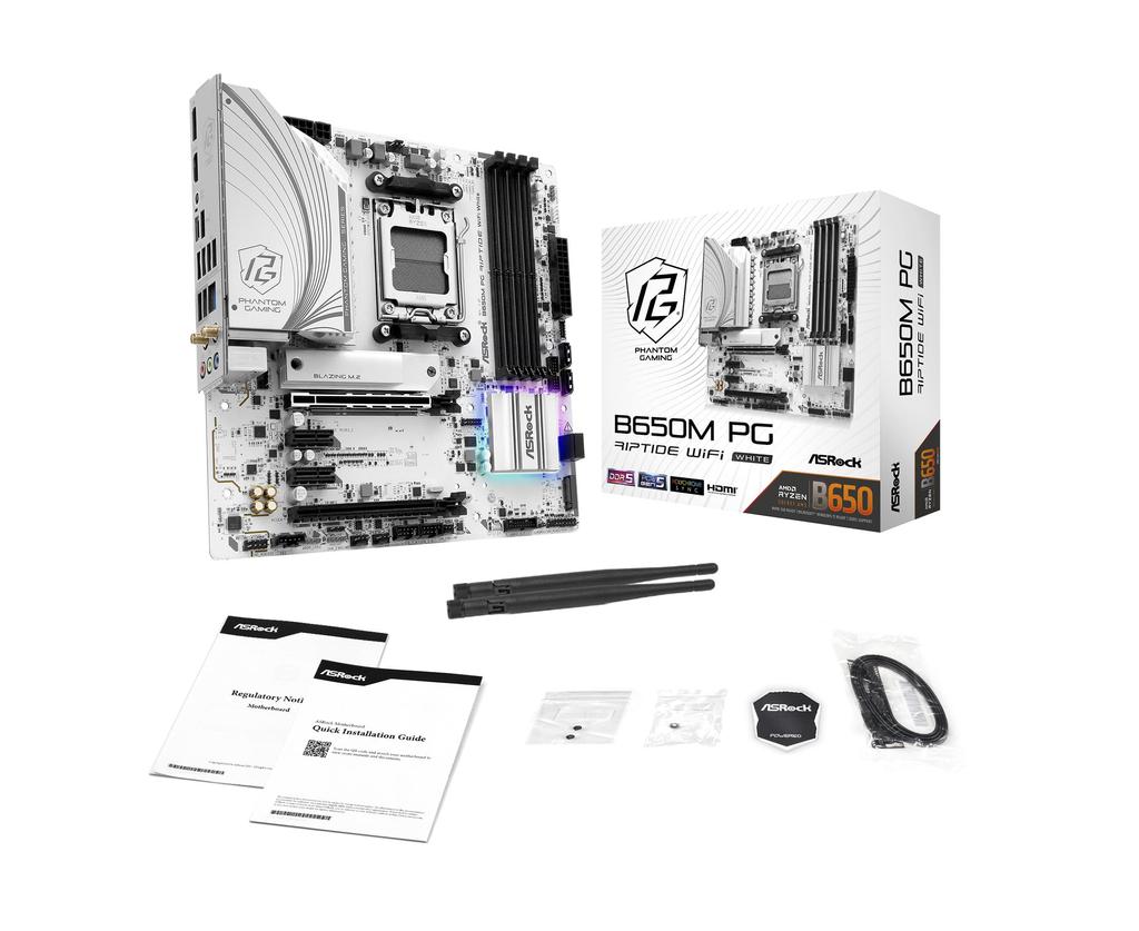 Asrock B650M PG Riptide WiFi White Compatible with AMD Ryzen 7000 Series CPUs B650 Micro ATX White Domestic Distributor Motherboard, (Socket AM5),