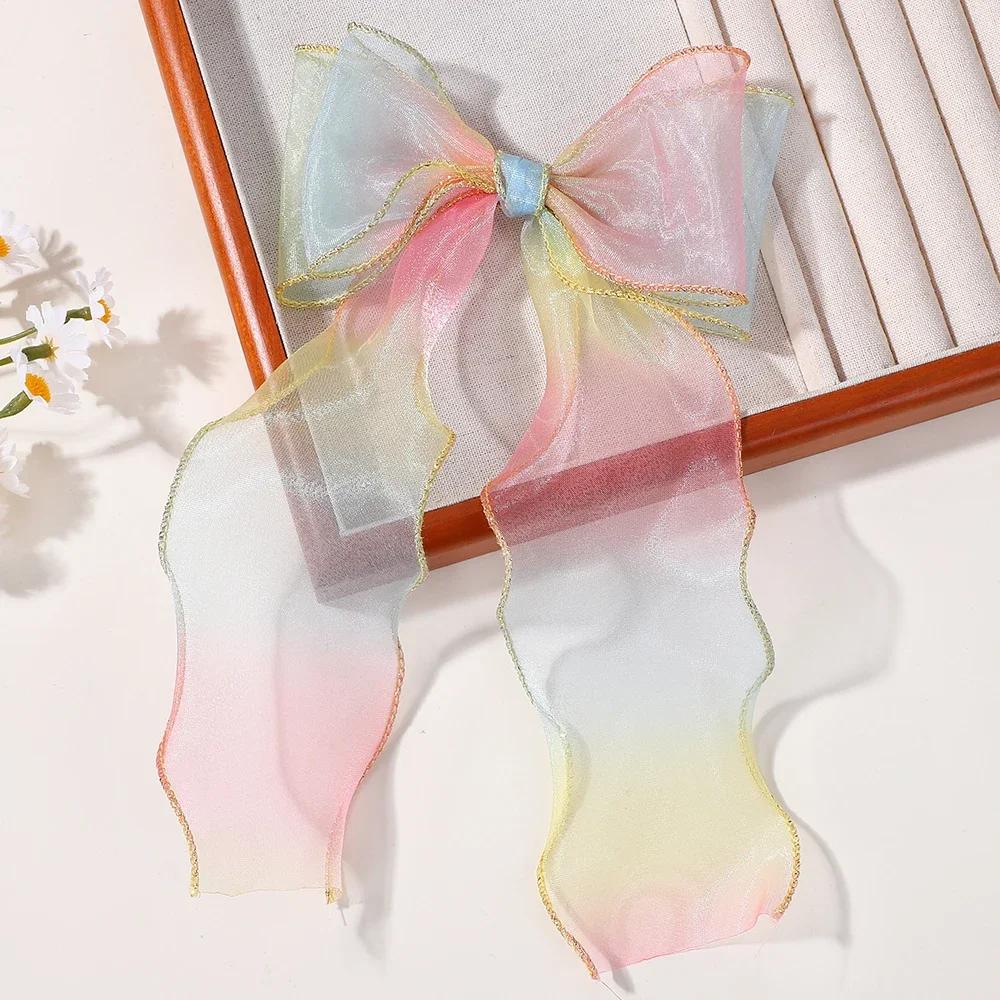 1PCS Rainbow Chiffon Bow Ribbon Hair Clips for Women Girls Cute Colorful Long Tassel Ponytail Hairpins Headwear Hair Accessories