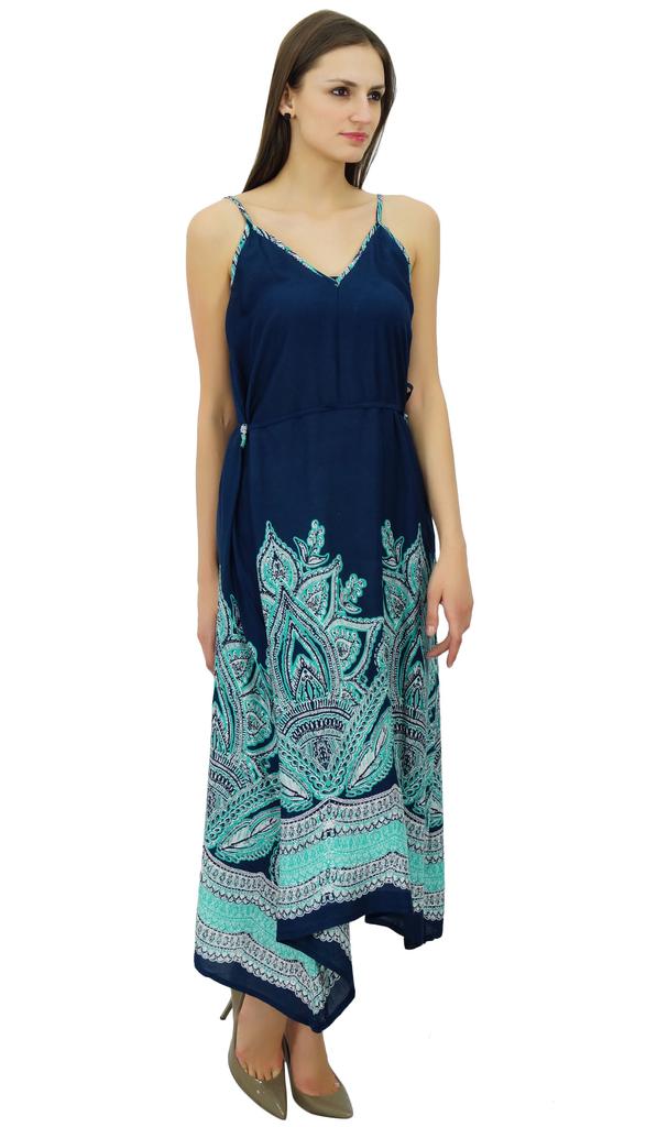 Bimba Women Blue Rayon Asymmetric Sun Dress Spaghetti Stram Boho Chic Beach
