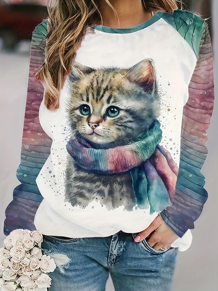 2025 New Winter And Autumn Women s Warm Long-sleeved T-shirt 3D Cat Print Long-sleeved T-shirt Urban Street Fashionable Top S