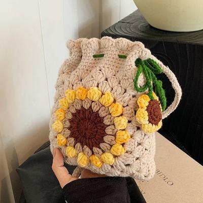 Borsa a tracolla singola in maglia di lana con coulisse a forma di girasole, borsa per telefono, borsa a secchiello intrecciata