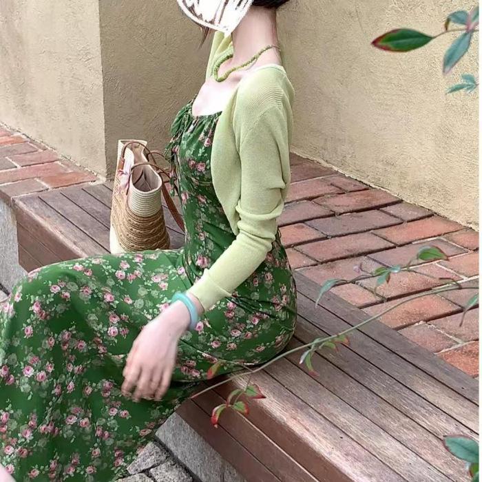 [Midsummer Story] French Floral Suspender Dress for Women's Summer Waist and Thin Straps Long Skirt