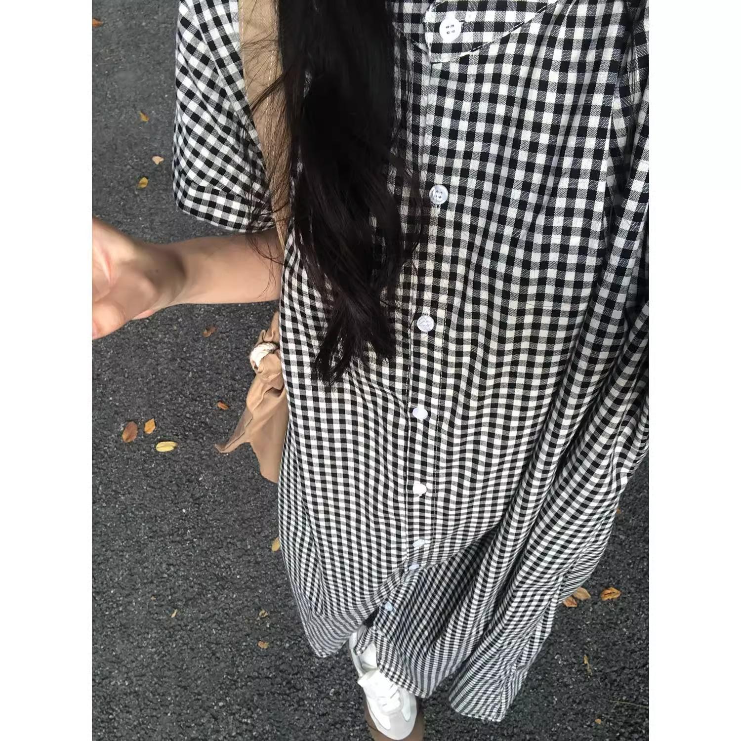 

Summer new Korean version loose design thin plaid dress women s small medium and long shirt nightdress M чёрный
