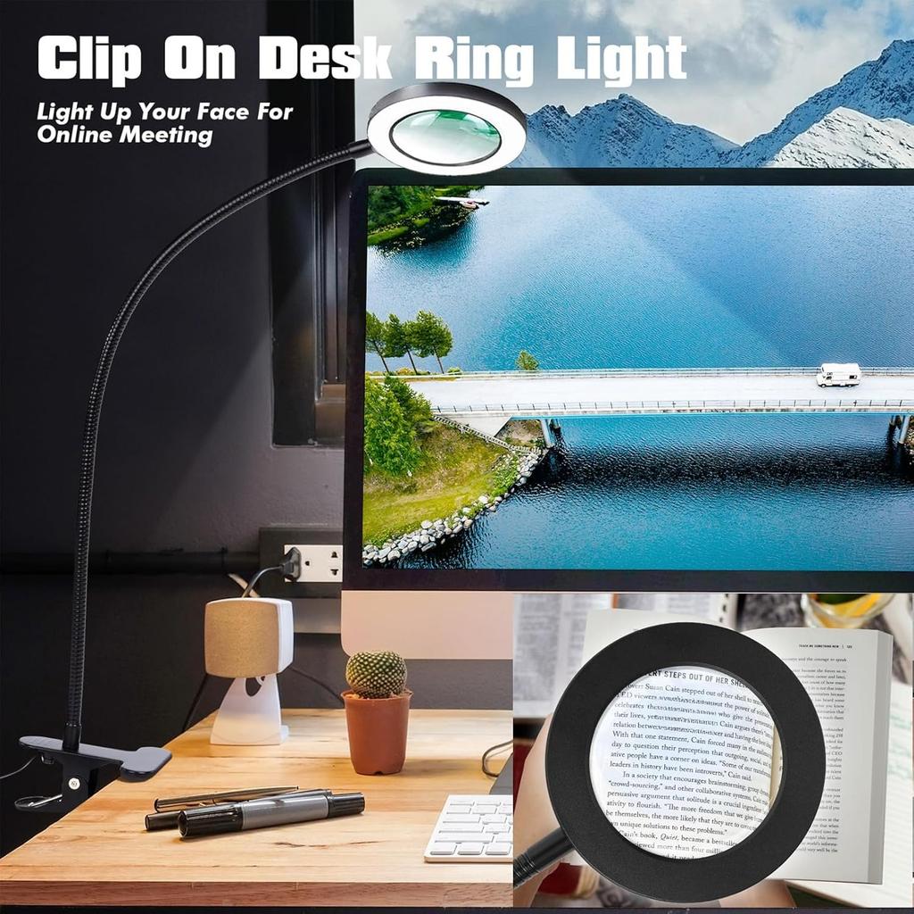 LED Magnifying Lamp with Clip, 10x Magnification, 3 Color Modes, Adjustable Brightness, Flexible for Reading, Painting, Crafting