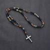 Natural Stone Africa Turquoise And Tiger-Eye Beads Cross Pendant Necklace Rosary For Men And Women