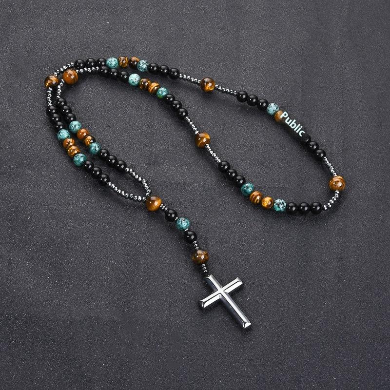 Natural Stone Africa Turquoise And Tiger-Eye Beads Cross Pendant Necklace Rosary For Men And Women