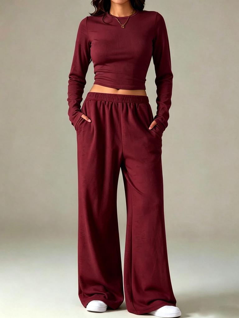 1116 European and American solid color casual knitted suit round neck tight short top drawstring loose mopping wide-leg pants