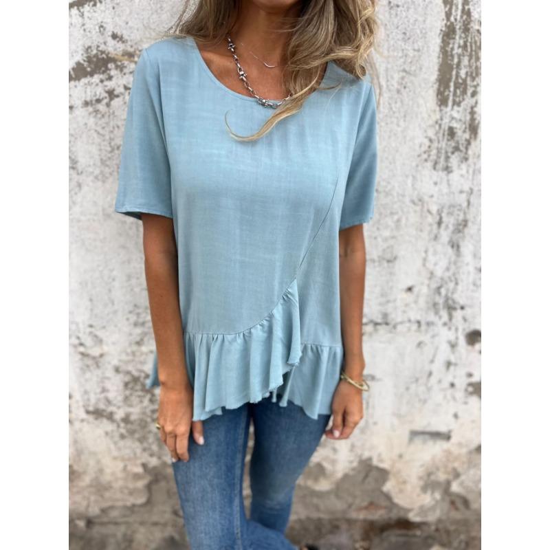 

Летняя Свободная Футболка Женская Круглый Вырез Повседневная Хлопок Лен Худи Топ Рубашка XXXL павлин голубой