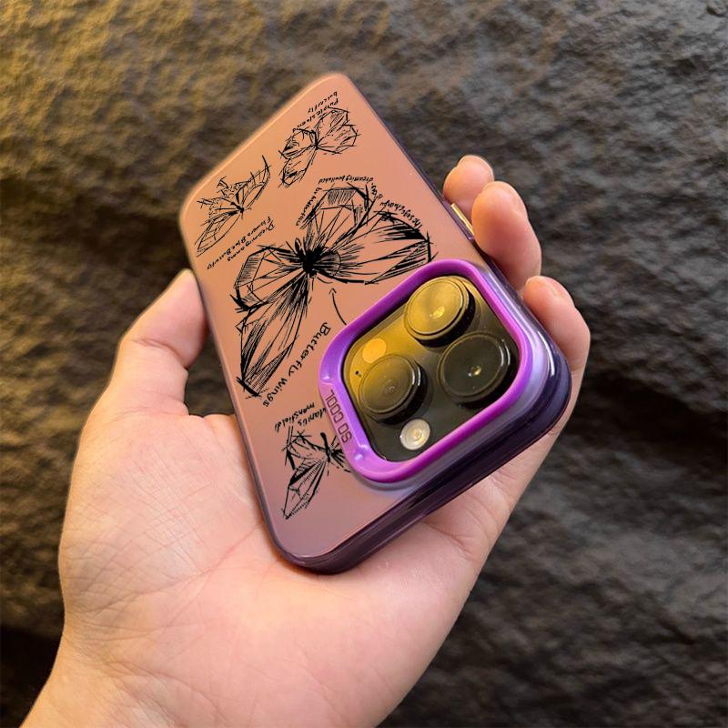 Sketch Lines Butterfly Electroplate Silver IMD Case For iPhone 15 16 Pro Max 14 13 12 11 Pro X XS 7 8 Plus Shockproof Back Cover