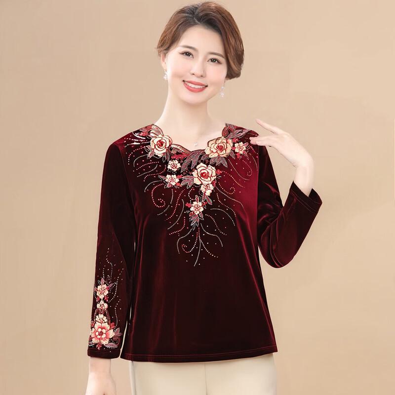 XUEXI Women's Autumn Gold Velvet Embroidered Long-Sleeve Top