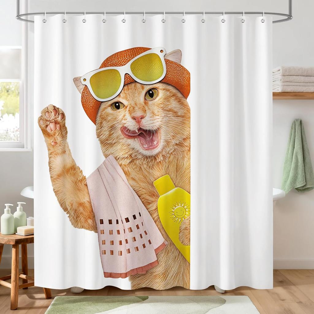 Funny Cat Shower Curtain,Blue Bathing Animal Cute Cartoon Kitten Yellow Rubber Duck Waterproof Polyester Fabric Bath Curtain