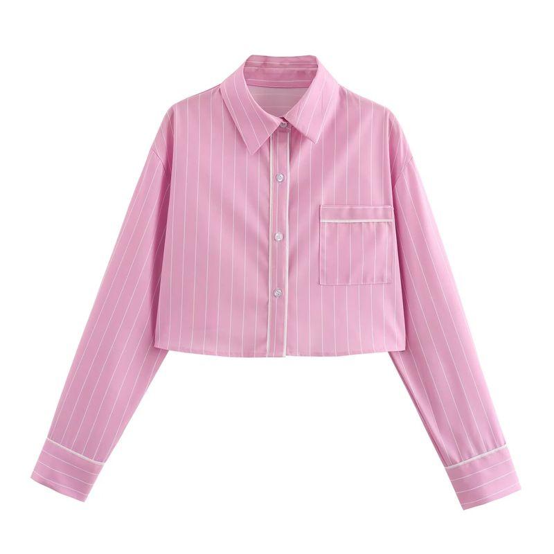 

Kaslead New Arrival Women s Fashion Style Fashion Casual Minimalist Easiest for Match Striped Short Style Shirt Pink L
