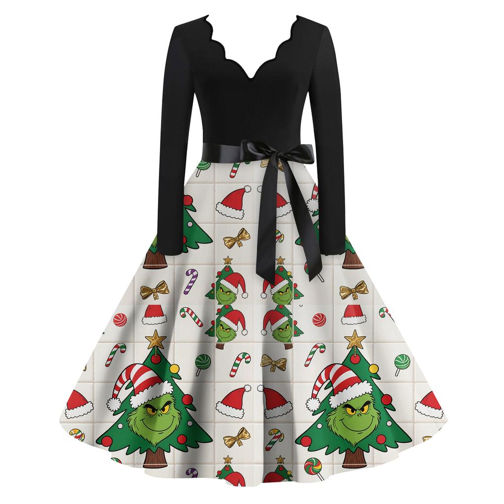 Ladies' Fashionable Retro Long Sleeved Square Neck Christmas Printed Evening Dress Dress