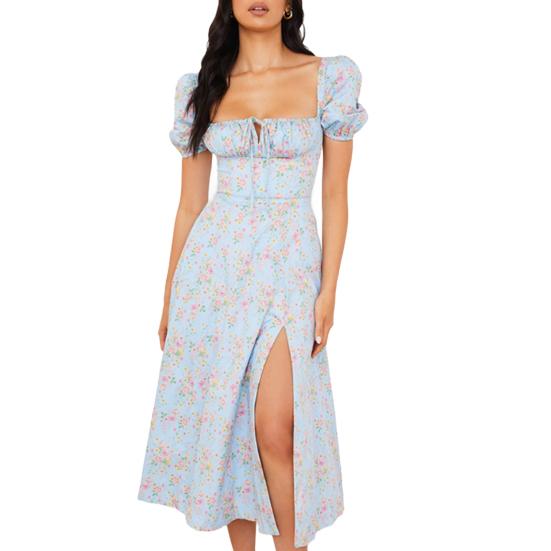 

Women s Puff Short Sleeve Floral Maxi Dress Drawstring Ruched Front Square Neck Midi Dress Summer Casual Boho Split Long Dress XXXL синій