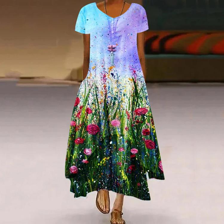 Women's Fashion Casual Short Sleeve Zipper V-neck Dress Beach Dresses Plus Size Party Dresses