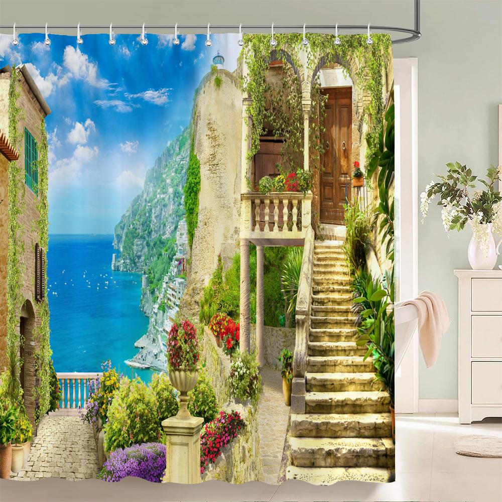 European Garden Patio Landscape Shower Curtains Beach Flowers Bathroom Curtain for Bathroom Polyester Waterproof Shower Curtain