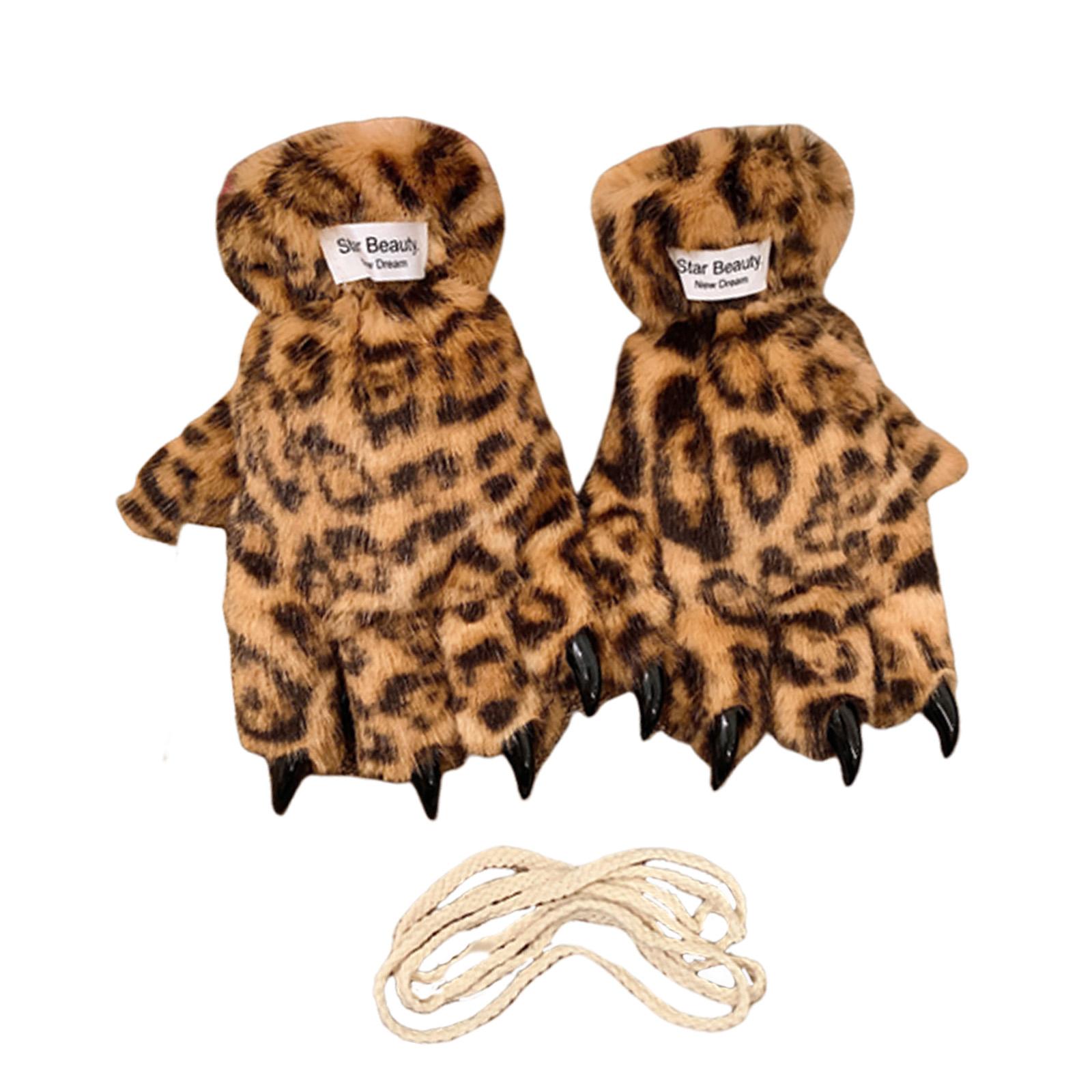 

Warm Anime Paws Gloves with Leopard Print Warm Soft Mittens Costume Props for Cold Weather Women Girl Winter Everyday Wear A